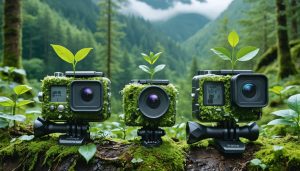 A showcase of eco-friendly action cameras made with recycled materials, positioned amidst a natural landscape, symbolizing the blend of technology and sustainability in modern camera design.