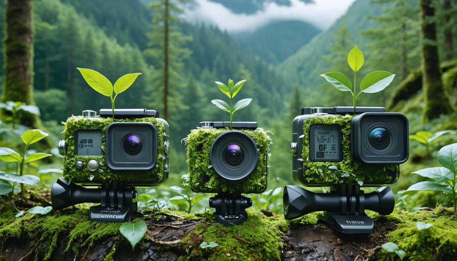 A showcase of eco-friendly action cameras made with recycled materials, positioned amidst a natural landscape, symbolizing the blend of technology and sustainability in modern camera design.