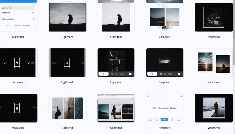 Collection of user interfaces from popular photo editing apps showing key features