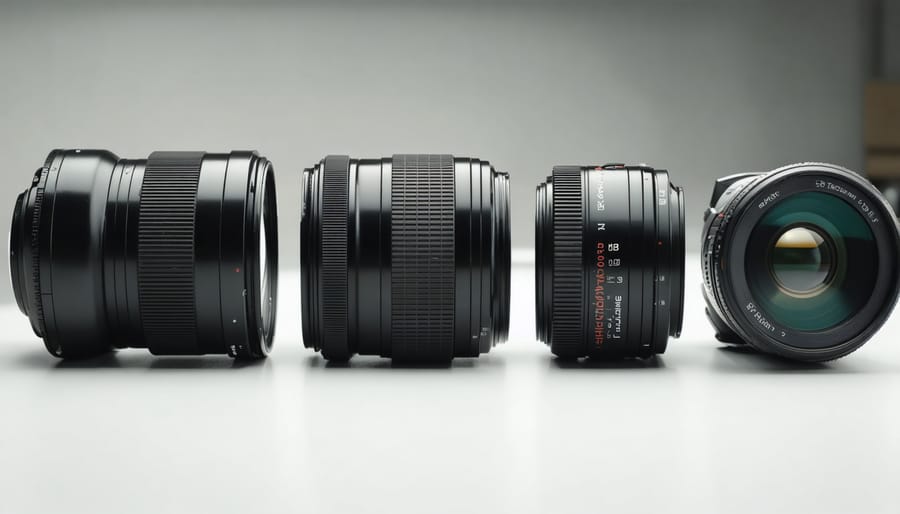 Conceptual illustration depicting the evolution of camera lenses, from vintage single-element designs to complex modern multi-element configurations, highlighting advanced optics technologies.