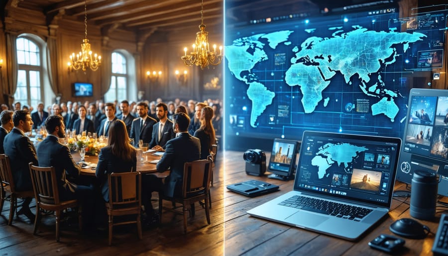 A split-screen image illustrating the evolution of photographers' unions, from traditional guild meetings with formally dressed photographers to modern digital platforms connecting diverse photographers globally via technology.