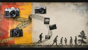 A conceptual collage illustrating the evolution of photography from historical milestones like the camera obscura and daguerreotype to modern smartphone cameras, depicting the progress through a timeline or spiral representing technological advancement.