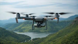 Illustration of a professional drone in flight with a visible large camera sensor over a picturesque landscape. The image includes visual elements highlighting key drone features like sensor size, flight time, and intelligent flight modes.