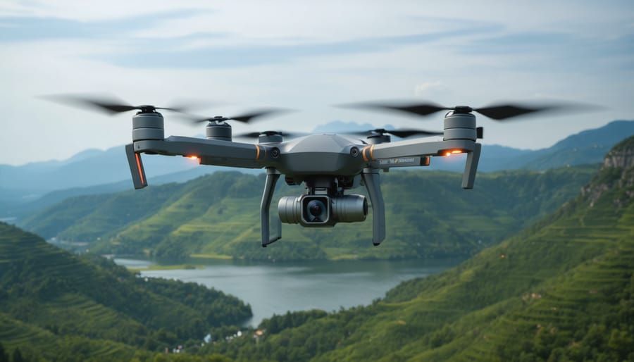 Illustration of a professional drone in flight with a visible large camera sensor over a picturesque landscape. The image includes visual elements highlighting key drone features like sensor size, flight time, and intelligent flight modes.