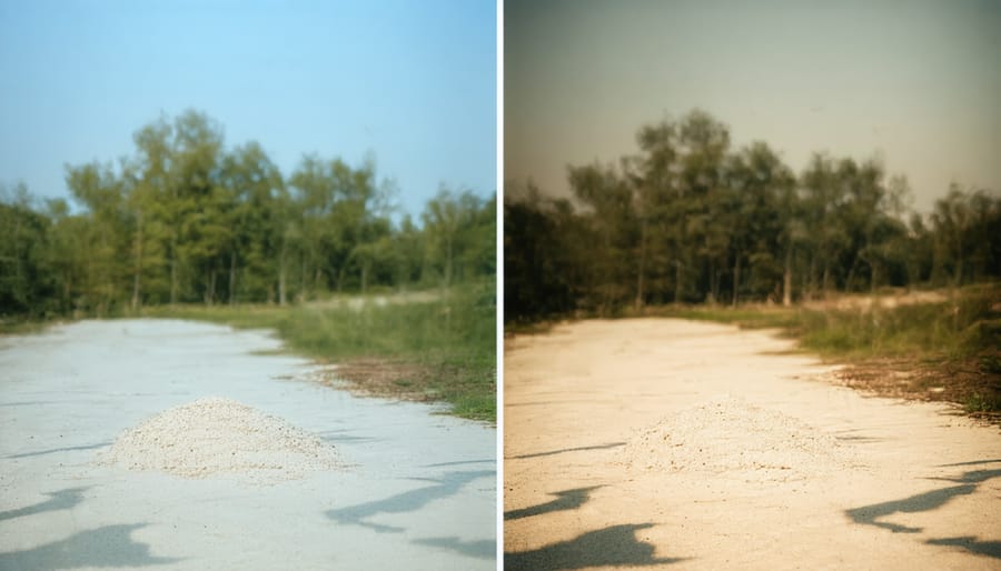 Side-by-side comparison of a street scene shot with low and high ISO film showing grain variation