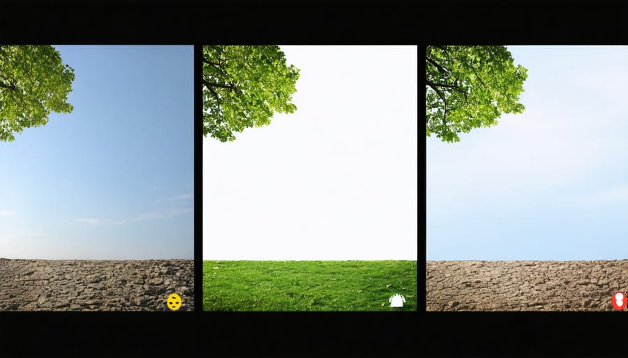 Comparison showing how focal length affects perspective: wide-angle (28mm), standard (50mm), and telephoto (200mm) views of the same street scene