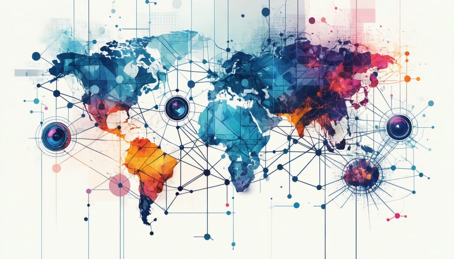 Visual representation of global photography network showing resource sharing and collaboration