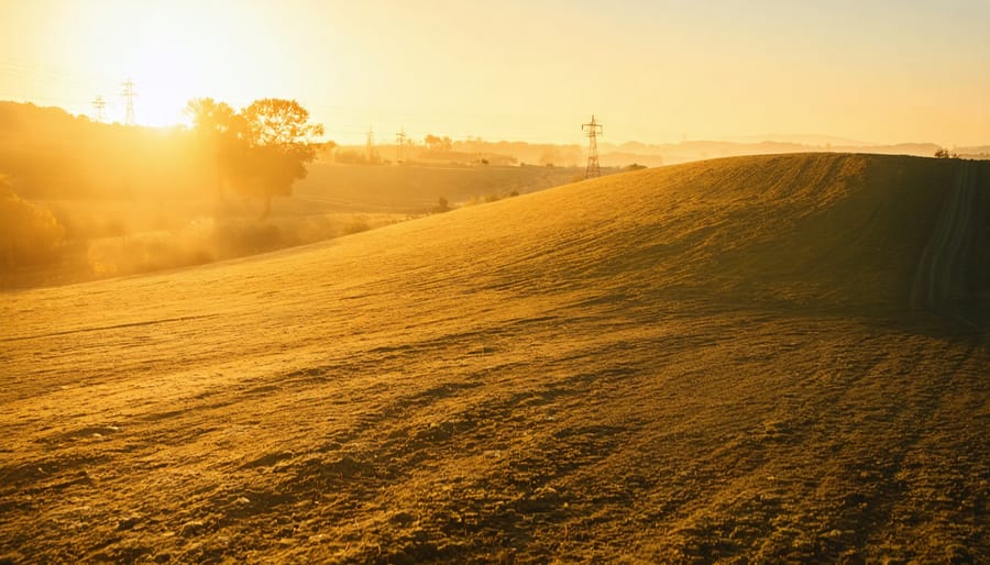 Sunset landscape with trees casting long shadows across a field in golden light