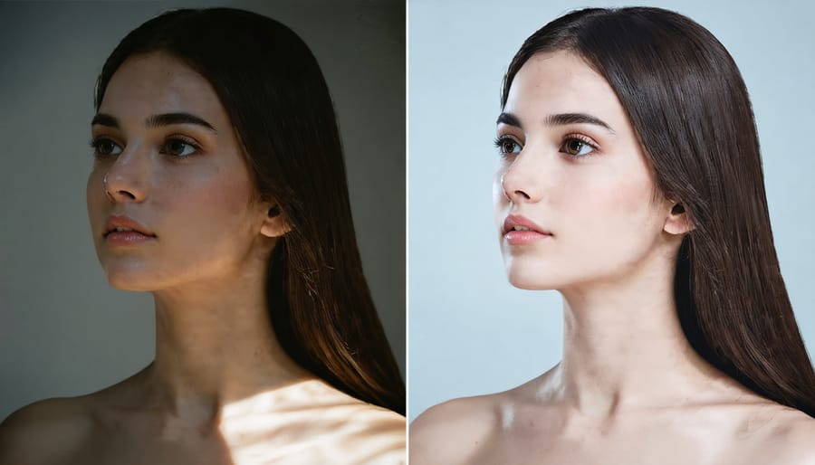 Comparative photos showing the same subject under harsh direct sunlight and diffused soft light