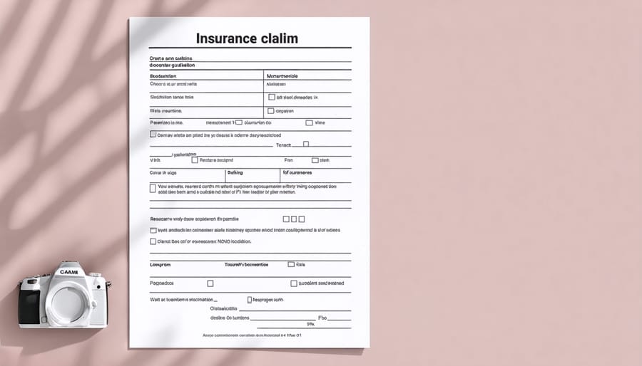Photography insurance claim paperwork with supporting documentation