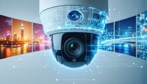 An illustration of a PTZ camera lens surrounded by digital lines symbolizing AI-driven movement tracking, with scenes representing event coverage and security surveillance.