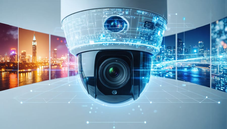 An illustration of a PTZ camera lens surrounded by digital lines symbolizing AI-driven movement tracking, with scenes representing event coverage and security surveillance.