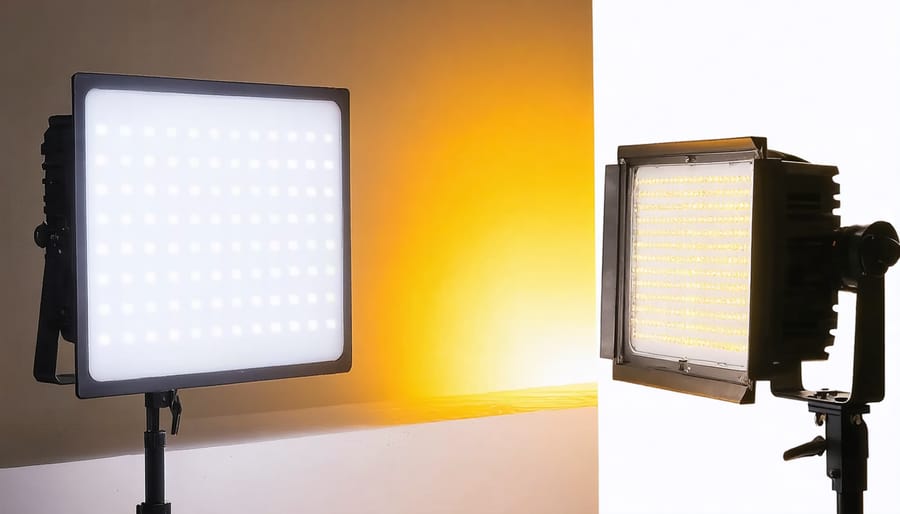 Side-by-side comparison of LED and traditional studio lights with power consumption displays