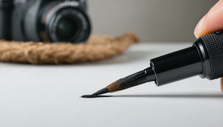 Dual-ended lens cleaning pen showing retractable brush and carbon tip components