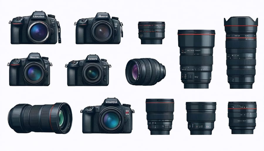 Various Canon camera lenses displaying different focal lengths and types