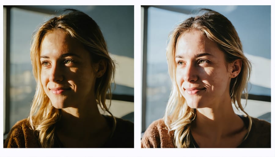 Before and after comparison of a portrait photo showing the impact of lighting software enhancement