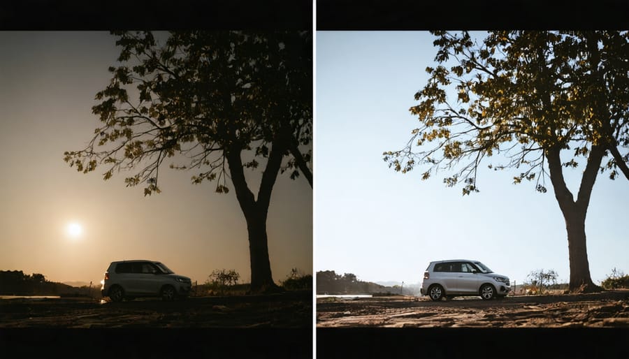 Side-by-side comparison of a low-light photograph taken with 1-inch and APS-C sensors showing noise differences