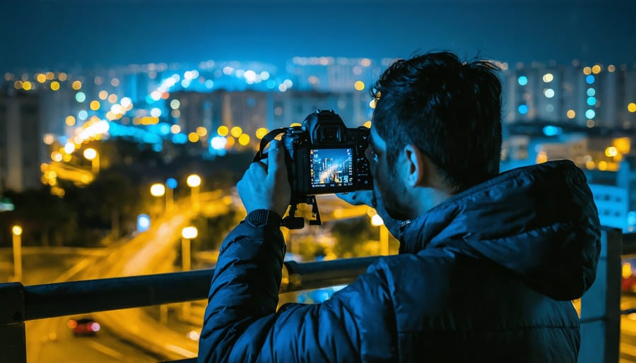 Photographer working with camera equipment in a dark urban environment