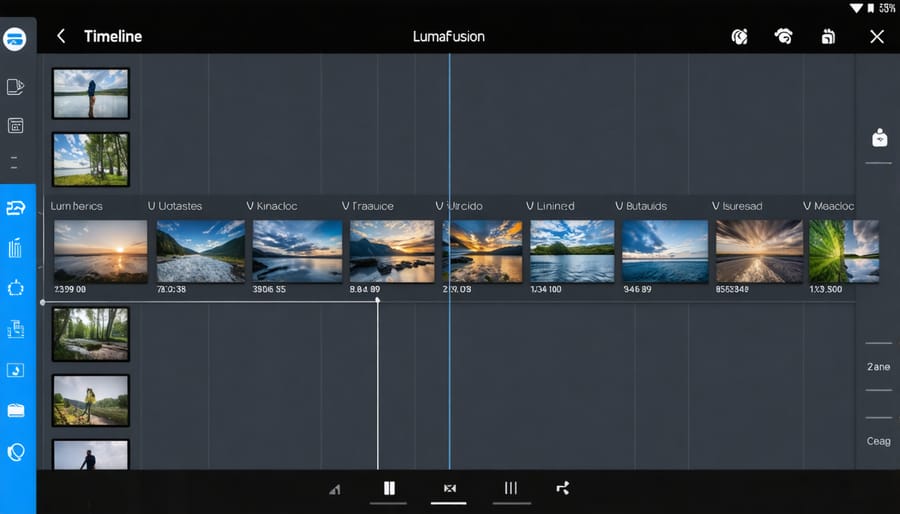Professional multi-track video editing interface of LumaFusion on tablet