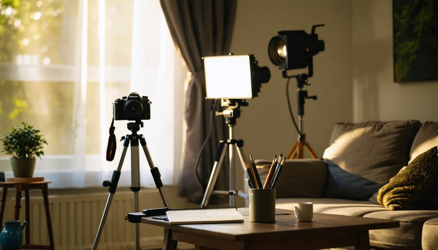 A camera on a tripod in a living room using both natural and artificial light sources, demonstrating essential indoor photography lighting techniques with creative household items and light modifiers.