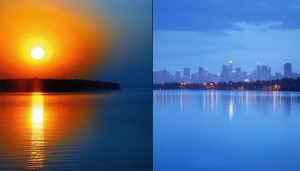 Split image showing a landscape illuminated by golden hour sunlight with long shadows and warm tones, contrasted with a cityscape in the soft, even light of the blue hour.
