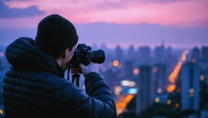 A dedicated photographer capturing a cityscape at dusk, focusing on learning and overcoming photography challenges with professional equipment.