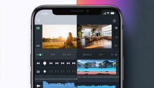 A smartphone displaying a split-screen of basic and professional video editing interfaces set against a backdrop that transitions from casual to professional, representing the versatility of mobile editing apps.