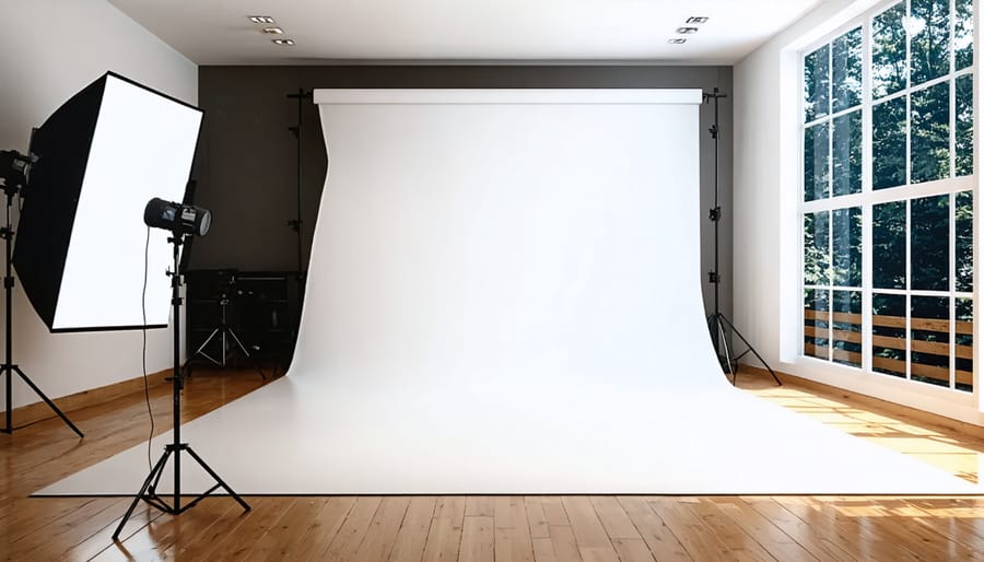 Well-designed photography studio with strategic window placement and reflective panels for natural lighting