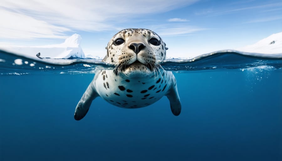 Close-up underwater shot of leopard seal swimming toward camera lens in blue Antarctic waters