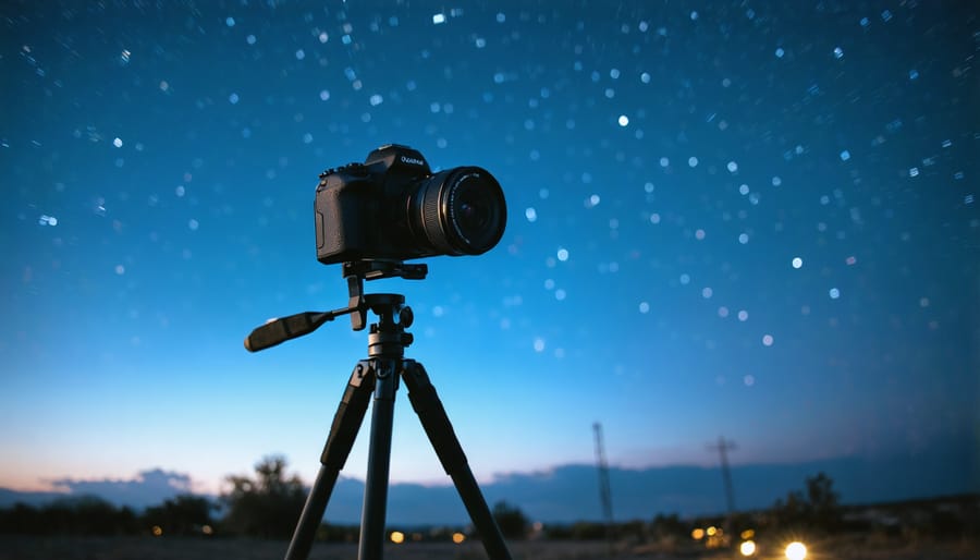 Night photography equipment setup featuring a DSLR camera, tripod, and remote trigger against starlit backdrop
