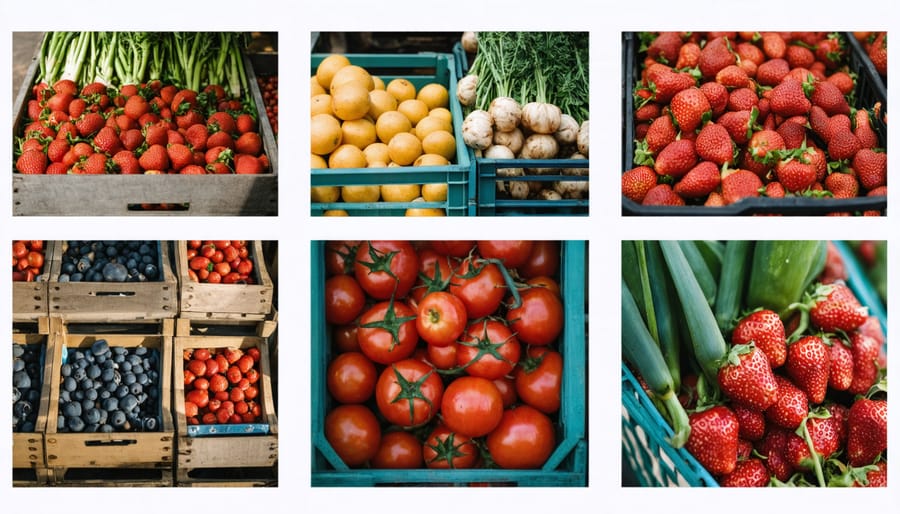 Photo essay showing six connected images of vendors, produce, and customers at a farmer's market