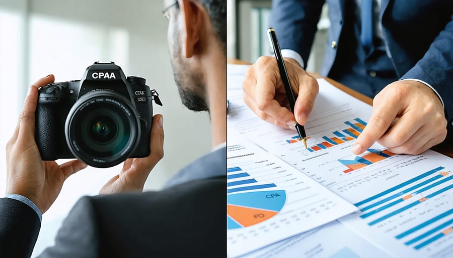 Split view of a photographer with camera equipment on one side and a CPA reviewing financial documents on the other, symbolizing the collaboration between creative work and financial management.