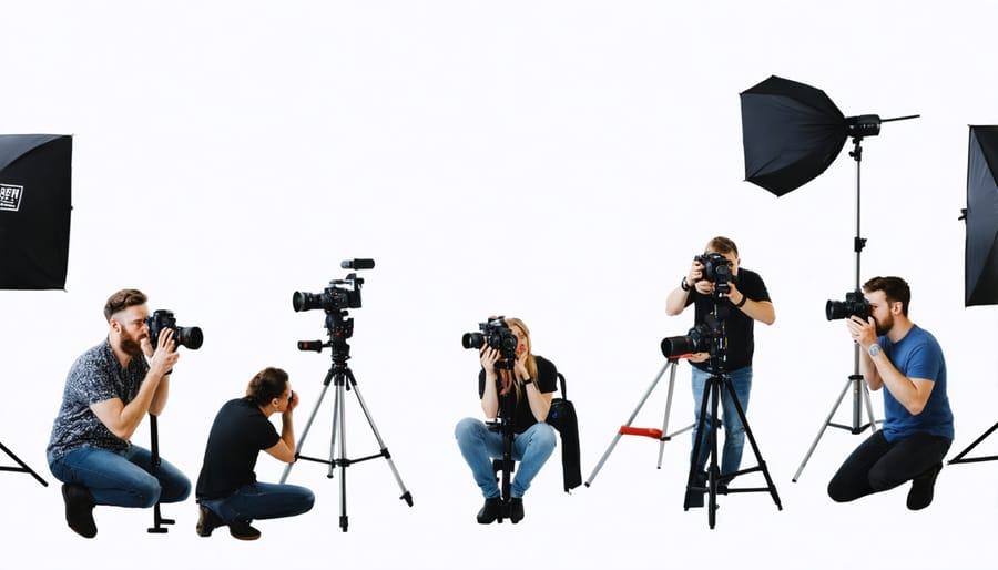 Professional photographers working together in a modern studio setting, examining photos and sharing camera equipment
