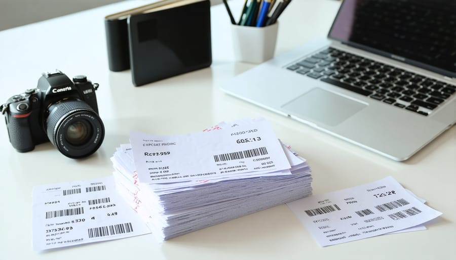 Well-organized photography business financial records and equipment