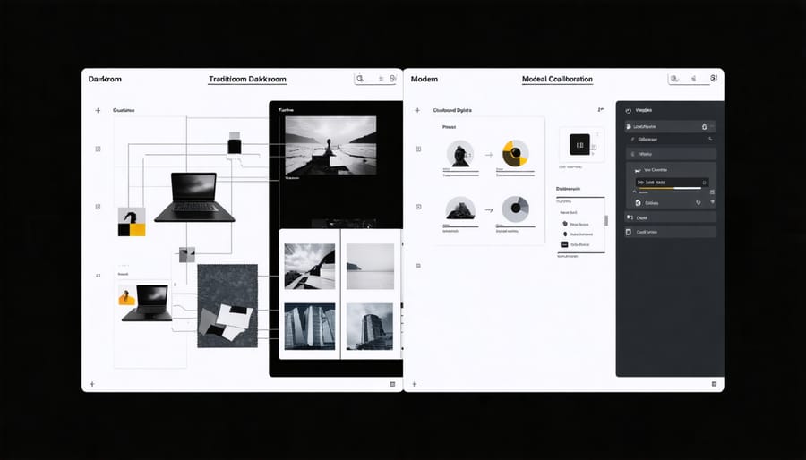 Comparative illustration of traditional photography collective methods versus modern digital platforms
