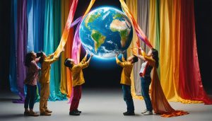 Conceptual image depicting diverse individuals from various cultural backgrounds interacting with a large floating lens-like sphere. The people express different emotions, linked by colorful light ribbons, symbolizing photography's power to transcend cultural and language barriers.