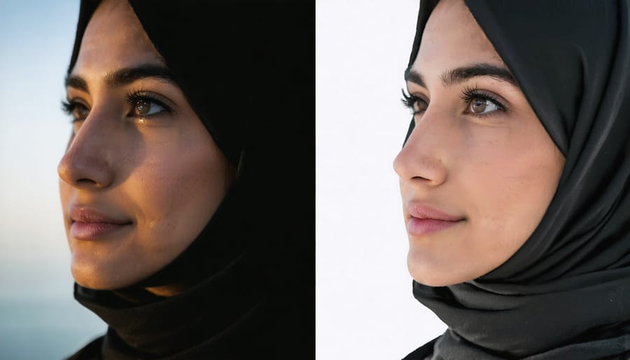 Side-by-side portrait comparison demonstrating bokeh quality difference between kit and professional lenses