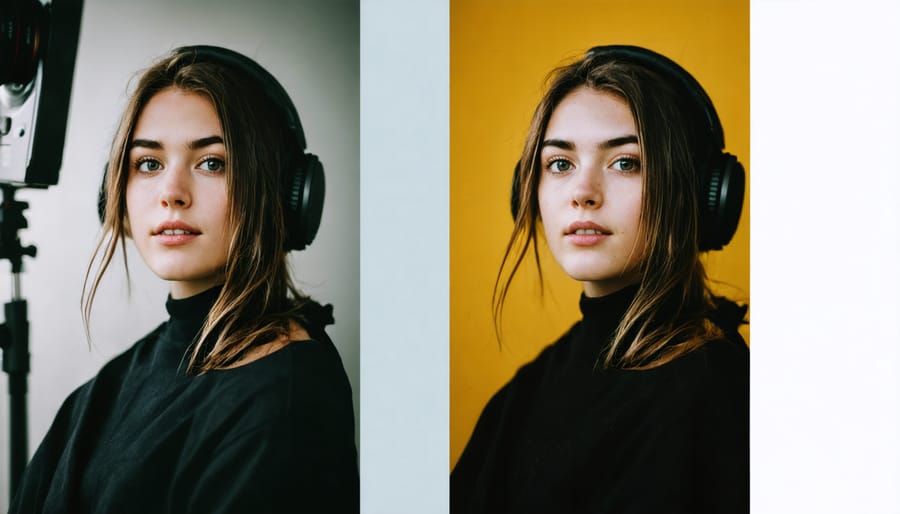 Three portrait photographs with corresponding aperture, shutter speed, and ISO settings displayed