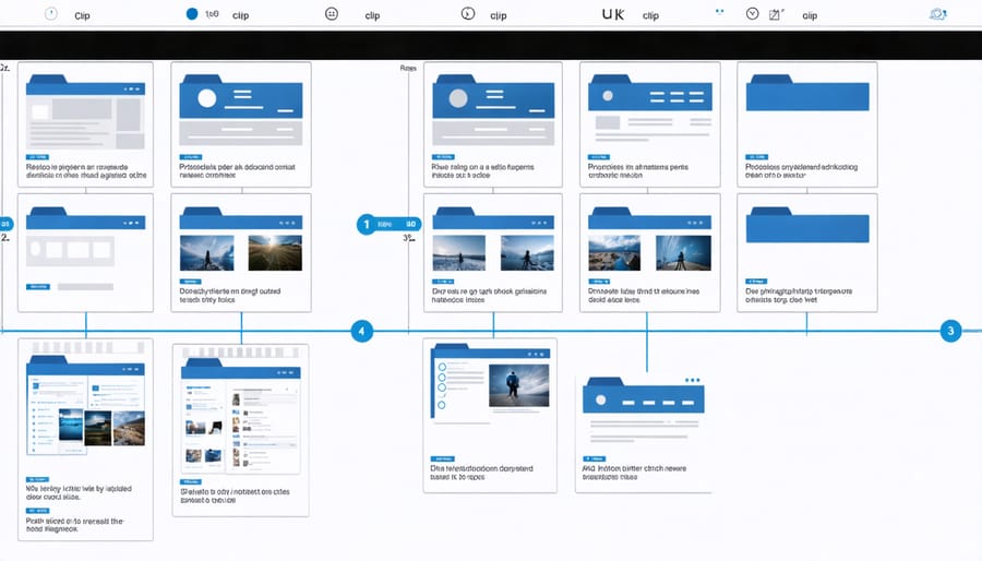 Professional video editing workspace with organized media bins and timeline structure