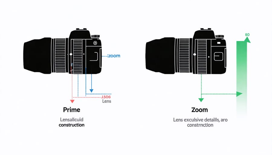 Technical illustration comparing the internal elements of a prime lens versus a zoom lens