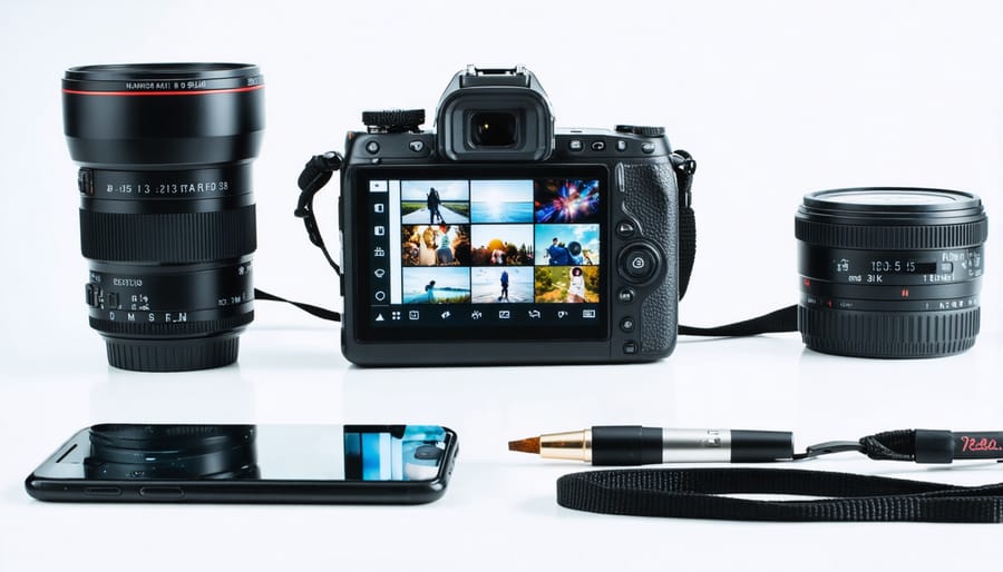 Smartphone and professional camera aimed at a colorful Instagram feed displayed on a digital screen, surrounded by editing tools like sliders and color wheels.