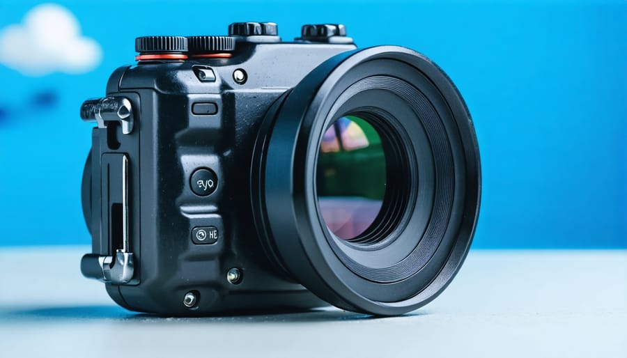 Close-up view of a professional underwater camera housing showing sealed controls and mounting points