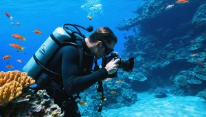A professional diver capturing vibrant coral reefs with a high-tech 4K underwater camera, surrounded by marine life, illustrating the camera's capability for detailed and high-resolution underwater photography.