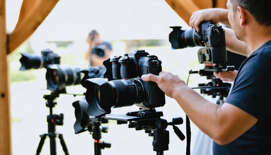 Professional photographer with extensive camera gear at work during a wedding
