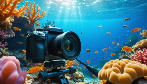 Underwater camera with sophisticated housing and dual video lights capturing vibrant coral reef and marine life.