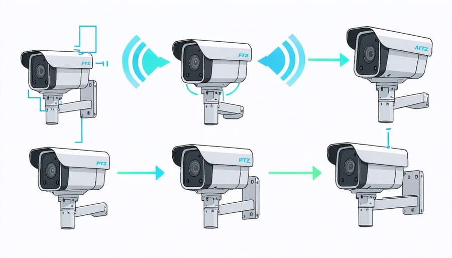 Detailed technical illustration of PTZ camera components and AI tracking system