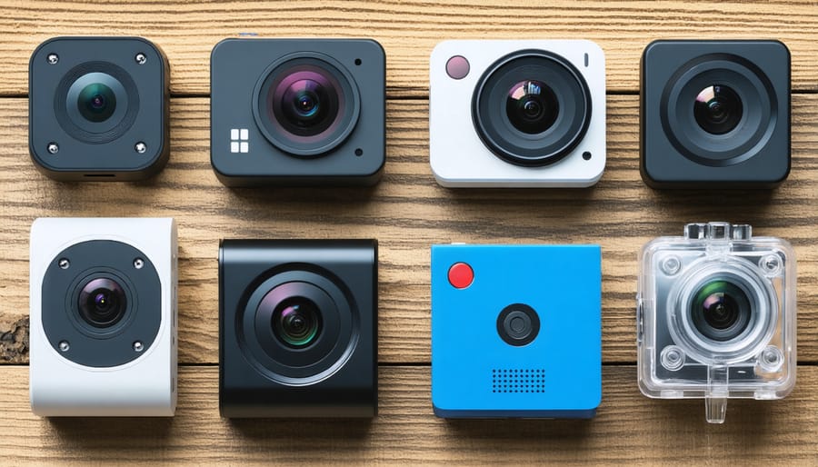 Display of sustainable action cameras featuring recycled components and materials