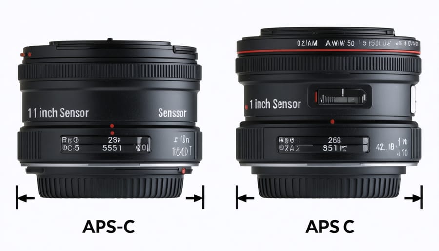 Creative visual comparison of the dimensions of 1-inch and APS-C camera sensors with labeled measurements, highlighting the differences in overall size and their impact on photography.