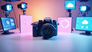 A digital illustration of a camera amidst virtual lighting setups and digital interfaces, representing advanced photography lighting software.
