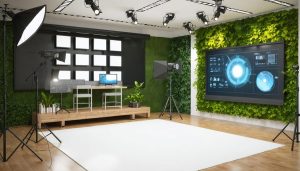 "Photo of a contemporary photography studio using LED panels and smart lighting controls, integrated with eco-friendly features like solar panels and greenery, illustrating sustainable lighting solutions."